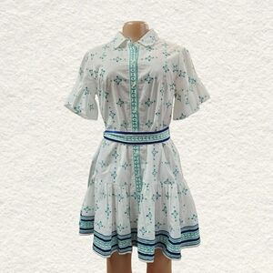 Shoshanna White Mini Dress with Blue and Green Patterns